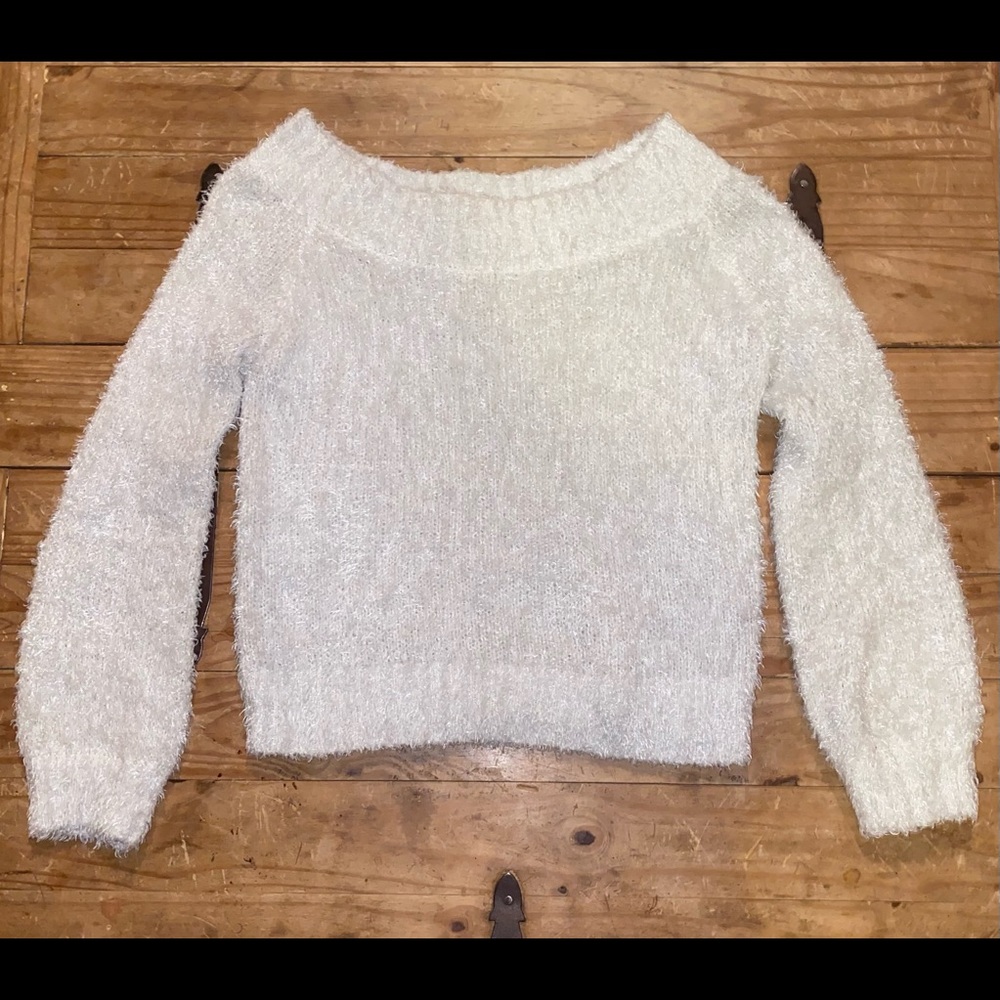 Cute White Fuzzy Dosch Sweater